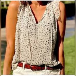 CABI Sleeveless Cream Tiny Floral Print Ruffled Blouse Tie Neck Size Small